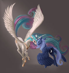 Size: 917x970 | Tagged: safe, artist:jaeneth, princess celestia, princess luna, alicorn, pony, g4, duo, duo female, ethereal mane, ethereal tail, female, flying, horn, horns are touching, looking at each other, looking at someone, mare, royal sisters, s1 luna, siblings, sisters, smiling, spread wings, tail, wings, wings down