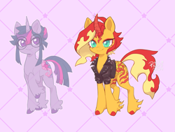Size: 2093x1585 | Tagged: safe, artist:paichitaron, sunset shimmer, twilight sparkle, pony, unicorn, g4, alternate design, clothes, colored horn, colored pupils, curved horn, female, fetlock tuft, glasses, horn, jacket, leather, leather jacket, mare, patterned background, purple background, round glasses, signature, simple background, smiling, unicorn twilight, unshorn fetlocks