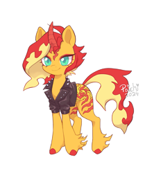 Size: 1473x1585 | Tagged: safe, artist:paichitaron, sunset shimmer, pony, unicorn, alternate design, clothes, colored horn, colored pupils, curved horn, female, fetlock tuft, horn, jacket, leather, leather jacket, mare, signature, simple background, smiling, solo, transparent background