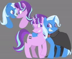 Size: 2048x1699 | Tagged: safe, artist:startrixfan, starlight glimmer, trixie, pony, unicorn, g4, alicorn amulet, antagonist, blushing, cape, clothes, duo, female, gray background, grin, heart, heart eyes, horn, lesbian, looking at each other, looking at someone, mare, s5 starlight, ship:startrix, shipping, simple background, smiling, unholy matrimony, villainess, villainous friendship, wingding eyes