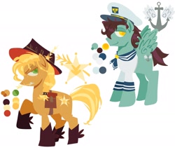 Size: 2048x1752 | Tagged: safe, artist:startrixfan, oc, oc only, earth pony, pegasus, pony, boots, cap, clothes, cowboy boots, duo, female, freckles, hat, male, mare, reference sheet, sailor uniform, shoes, simple background, stallion, straw in mouth, uniform, white background