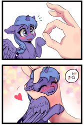 Size: 1033x1537 | Tagged: safe, artist:polnocnykot, princess luna, alicorn, pony, g4, 2 panel comic, :p, adorable face, blushing, chest fluff, comic, cute, daaaaaaaaaaaw, ear fluff, eyebrows, eyebrows visible through hair, eyelashes, eyes closed, feathered wings, female, filly, filly luna, floating heart, floppy ears, fluffy, foal, folded wings, hand, heart, horn, hug, in goliath's palm, looking up, lunabetes, missing accessory, offscreen character, offscreen human, ok hand sign, open mouth, raised hoof, redraw, size difference, smiling, smol, spread wings, tiny, tiny ponies, tongue out, unshorn fetlocks, wings, woona, younger