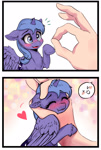 Size: 1033x1537 | Tagged: safe, artist:polnocnykot, princess luna, alicorn, pony, g4, 2 panel comic, :p, adorable face, blushing, chest fluff, comic, cute, ear fluff, eyebrows, eyebrows visible through hair, eyelashes, eyes closed, feathered wings, female, filly, filly luna, floating heart, floppy ears, fluffy, foal, folded wings, hand, heart, horn, hug, looking up, lunabetes, missing accessory, offscreen character, offscreen human, ok hand sign, open mouth, raised hoof, redraw, smiling, smol, spread wings, tiny, tiny ponies, tongue out, unshorn fetlocks, wings, woona, younger