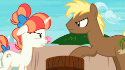 Size: 1920x1080 | Tagged: safe, screencap, coco crusoe, rainbow stars, earth pony, pony, unicorn, g4, triple threat, animated, bipedal, bipedal leaning, bow, female, gif, horn, leaning, loop, male, mare, out of context, outdoors, stallion, stool, table, tail, tail bow, thrusting