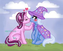 Size: 722x591 | Tagged: safe, artist:mintym00n, starlight glimmer, trixie, 2023, blushing, duo, female, grass, heart, kissing, lesbian, ship:startrix, shipping, signature, sitting