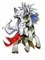 Size: 1200x1600 | Tagged: safe, artist:stacy_165cut, earth pony, pony, big eyes, cape, clothes, coat markings, colored eartips, colored hooves, colored pinnae, eye clipping through hair, eyelashes, fate/grand order, female, frown, hair ribbon, headpiece, lidded eyes, mare, narrowed eyes, no pupils, penthesilea (fate/grand order), ponified, ponytail, rearing, ribbon, shiny hooves, shiny mane, shiny tail, simple background, socks (coat markings), solo, spiky mane, standing, tail, teeth, tied mane, unshorn fetlocks, white background, white coat, white mane, white tail, wingding eyes, yellow eyes