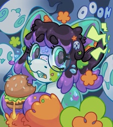 Size: 1839x2048 | Tagged: safe, artist:ibbledribble, oc, oc only, oc:mystery clue, earth pony, ghost, pony, undead, abstract background, beanbrows, big ears, big eyes, blaze (coat marking), bobcut, burger, bust, cheeseburger, chewing, coat markings, colored eyebrows, colored hooves, colored mouth, colored muzzle, colored pinnae, commission, crying, earth pony oc, eating, emanata, eye clipping through hair, eyebrows, eyebrows visible through hair, eyelashes, facial markings, food, freckles, glasses, gradient eyes, hair accessory, hairclip, hamburger, headshot commission, hoof hold, mealy mouth (coat marking), multicolored coat, onomatopoeia, open mouth, outline, portrait, round glasses, scared, shiny hooves, shiny mane, short hair, short mane, sweat, sweatdrop, sweatdrops, teeth, text, two toned eyes, two toned mane, unshorn fetlocks, wall of tags, wingding eyes