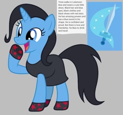Size: 640x600 | Tagged: safe, artist:fizzled_kitty, edit, trixie, pony, unicorn, g4, alternate cutie mark, alternate hair color, black dress, black hair, clothes, cutie mark, dress, female, google translate, gray background, horn, recolor, reference sheet, shoes, simple background, solo, sword, weapon