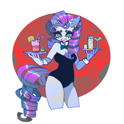 Size: 850x850 | Tagged: safe, artist:cutesykill, rarity, pony, unicorn, anthro, g4, alcohol, beanbrows, big ears, big eyes, blue eyes, breasts, busty rarity, butt, cleavage, clothes, colored eyebrows, colored pinnae, curvy, detached sleeves, drink, ear piercing, earring, eyebrows, eyeshadow, female, glass, holding, horn, hourglass figure, jewelry, lidded eyes, lipstick, long mane, long tail, looking at you, makeup, mare, martini, martini glass, neck bow, passepartout, piercing, pink lipstick, plate, purple mane, purple tail, ringlets, shiny mane, shiny tail, shot glass, simple background, slender, slit pupils, smiling, solo, tail, tall ears, teal eyes, thick eyelashes, thighs, thin, waitress, wall of tags, white background, white coat