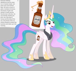 Size: 640x600 | Tagged: safe, artist:fizzled_kitty, edit, princess celestia, alicorn, pony, g4, alcohol, alternate cutie mark, alternate eye color, asahi, beer, crown, cutie mark, ethereal mane, ethereal tail, female, gauntlet, google translate, gray background, implied princess luna, jewelry, multicolored eyes, recolor, reference sheet, regalia, simple background, solo, tail