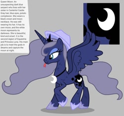 Size: 640x600 | Tagged: safe, artist:fizzled_kitty, edit, princess luna, alicorn, hybrid, pony, serpent, g4, alternate hair color, crown, cutie mark, female, gauntlet, google translate, gray background, grey hair, hat, implied princess celestia, jewelry, necklace, recolor, reference sheet, regalia, simple background, solo, species swap