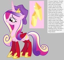 Size: 640x600 | Tagged: safe, artist:fizzled_kitty, edit, princess cadance, alicorn, pony, g4, alternate color palette, alternate cutie mark, chains, coat markings, colored legs, colored wings, concave belly, crown, cutie mark, female, gauntlet, gold chains, google translate, gray background, hat, implied flurry heart, implied shining armor, jewelry, mare, multicolored eyes, recolor, red wings, reference sheet, regalia, simple background, slender, smiling, solo, thin, wings