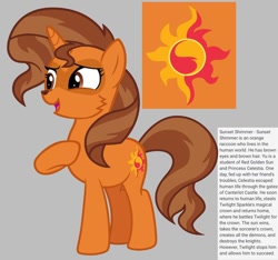 Size: 640x600 | Tagged: safe, artist:fizzled_kitty, edit, sunset shimmer, hybrid, pony, raccoon, raccoon pony, unicorn, g4, alternate color palette, brown eyes, brown hair, cutie mark, google translate, gray background, horn, implied princess celestia, implied twilight sparkle, orange fur, recolor, reference sheet, simple background, solo, species swap
