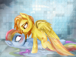 Size: 2160x1620 | Tagged: safe, artist:raincrash, rainbow dash, spitfire, pegasus, pony, g4, bathing together, blushing, chest fluff, duo, duo female, female, lesbian, looking at each other, looking at someone, mare, romantic, ship:spitdash, shipping, shower, wet, wet mane