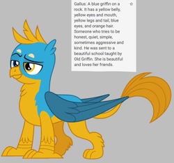 Size: 640x600 | Tagged: safe, artist:fizzled_kitty, edit, gallus, griffon, g4, alternate color palette, google translate, gray background, heterochromia, implied grampa gruff, implied school of friendship, male, recolor, simple background, solo, tail, yellow tail