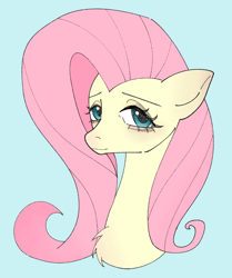 Size: 1224x1461 | Tagged: safe, artist:xinjinjumin914254263013, fluttershy, pegasus, pony, bust, chest fluff, female, light blue background, mare, portrait, simple background, smiling, solo