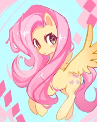 Size: 750x947 | Tagged: safe, artist:ganyudexiaohuahua, fluttershy, pegasus, pony, abstract background, female, mare, smiling, solop, spread wings, wings