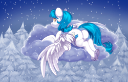 Size: 4568x2935 | Tagged: safe, artist:ijustmari, oc, oc only, oc:snowy haze, pegasus, pony, butt, cloud, female, high res, large butt, lying down, lying on a cloud, mare, on a cloud, outdoors, pegasus oc, plot, prone, signature, smiling, snow, snowfall, solo, spread wings, tail, the ass was fat, tree, underhoof, wings, winter