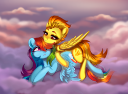 Size: 3235x2367 | Tagged: safe, artist:ijustmari, rainbow dash, spitfire, pegasus, pony, g4, cloud, cuddling, duo, duo female, ear fluff, female, heart, heart eyes, high res, lesbian, lying down, lying on a cloud, mare, on a cloud, one eye closed, outdoors, ship:spitdash, shipping, signature, wingding eyes, wings