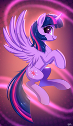 Size: 1784x3060 | Tagged: safe, artist:ask-colorsound, twilight sparkle, alicorn, pony, g4, eyebrows, eyebrows visible through hair, female, high res, horn, looking at you, mare, profile, side view, signature, smiling, smiling at you, solo, spread wings, tail, twilight sparkle (alicorn), wings
