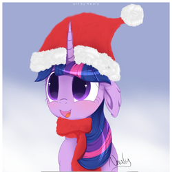 Size: 4000x4000 | Tagged: safe, artist:nnaly, twilight sparkle, pony, unicorn, g4, absurd resolution, blushing, bust, christmas, clothes, cute, female, floppy ears, gradient background, hat, holiday, horn, mare, open mouth, open smile, santa hat, scarf, signature, smiling, solo, twiabetes, unicorn twilight