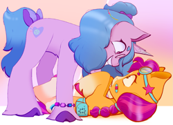 Size: 1219x883 | Tagged: safe, artist:k1ttygam3r, izzy moonbow, sunny starscout, earth pony, pony, unicorn, g5, duo, duo female, eye contact, female, gradient background, grin, horn, lesbian, looking at each other, looking at someone, lying down, mare, on back, ship:moonscout, shipping, smiling, unshorn fetlocks