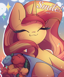 Size: 2100x2550 | Tagged: safe, artist:miryelis, sunset shimmer, pony, unicorn, g4, :3, big ears, blushing, cloud, cute, eyes closed, female, flower, horn, mare, smiling, solo, sparkles, text