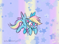 Size: 1212x909 | Tagged: safe, artist:flutterberrypie, rainbow dash, pegasus, pony, g4, blushing, colored pinnae, cute, dashabetes, eye clipping through hair, female, flying, mare, open mouth, open smile, scene interpretation, signature, smiling, solo, spread wings, starry eyes, stars, wingding eyes, wings