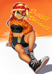 Size: 706x1000 | Tagged: safe, artist:the-park, sunset shimmer, human, equestria girls, g4, clothes, converse, drink, english, hoodie, looking at you, midriff, shoes, shorts, sitting, sneakers, soda can, sports bra, text