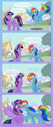 Size: 2700x6408 | Tagged: safe, artist:ambris, rainbow dash, twilight sparkle, alicorn, pegasus, pony, ask twidash, g4, blushing, comic, duo, duo female, eyes closed, female, flying, folded wings, grin, horn, kiss on the lips, kissing, lesbian, looking at each other, looking at someone, looking back, mare, open mouth, open smile, outdoors, ponyville, raised hoof, shadow, ship:twidash, shipping, sitting, smiling, speech bubble, spread wings, surprise kiss, tail, tree, twilight sparkle (alicorn), wingboner, wings