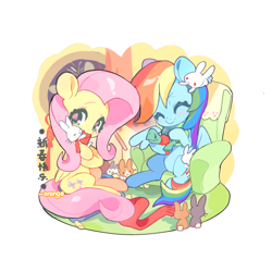 Size: 3000x3000 | Tagged: safe, artist:chengzi82020, angel bunny, fluttershy, rainbow dash, tank, pegasus, pony, rabbit, tortoise, g4, animal, clothes, couch, female, hug, letter, mare, pillow, scarf, simple background, white background