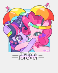 Size: 2258x2872 | Tagged: safe, artist:chengzi82020, pinkie pie, twilight sparkle, earth pony, pony, unicorn, g4, blushing, duo, female, gray background, hat, heart, horn, hug, lesbian, looking at each other, looking at someone, mare, one eye closed, ship:twinkie, shipping, simple background, smiling, smiling at each other, text, umbrella hat