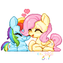 Size: 2523x2523 | Tagged: safe, artist:chengzi82020, fluttershy, rainbow dash, pegasus, pony, g4, digital art, duo, eyes closed, female, heart, height difference, lesbian, lying down, mare, open mouth, pixel art, ponyloaf, prone, ship:flutterdash, shipping, simple background, smiling, tallershy, text, white background