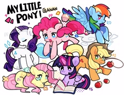 Size: 3040x2362 | Tagged: safe, artist:anan9126, applejack, fluttershy, pinkie pie, rainbow dash, rarity, twilight sparkle, alicorn, butterfly, earth pony, pegasus, pony, unicorn, apple, book, cloud, cupcake, female, food, horn, magic, mane six, mare, open mouth, simple background, text, twilight sparkle (alicorn), white background