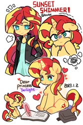 Size: 750x1125 | Tagged: safe, artist:anan9126, sunset shimmer, human, pony, unicorn, equestria girls, g4, bag, book, chibi, clothes, dear princess twilight, dread, dress, eyes closed, female, heart, horn, human ponidox, jacket, mare, pen, saddle bag, self paradox, self ponidox, simple background, sitting, smiling, sweat, text, white background