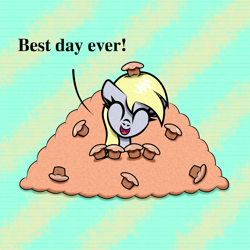 Size: 1500x1500 | Tagged: safe, artist:scandianon, derpy hooves, pegasus, pony, eyes closed, female, floppy ears, food, happy, mare, muffin, open mouth, open smile, smiling, talking, talking to viewer