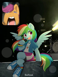 Size: 1358x1811 | Tagged: safe, artist:oofycolorful, rainbow dash, scootaloo, pegasus, semi-anthro, g4, clothes, crying, equestria girls outfit, female, meme, microphone, ponified meme, screaming, singing, tears of joy