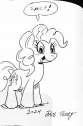 Size: 1589x2388 | Tagged: safe, artist:debmervin, pinkie pie, earth pony, pony, g4, black and white, grayscale, monochrome, solo, traditional art, word bubble