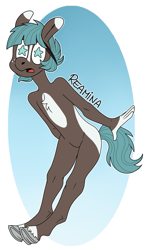 Size: 1127x1931 | Tagged: safe, artist:reamina, oc, earth pony, anthro, unguligrade anthro, featureless crotch, nudity, solo, starry eyes, wingding eyes