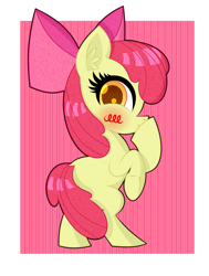 Size: 1200x1590 | Tagged: safe, artist:scandianon, apple bloom, earth pony, pony, g4, blushing, female, filly, foal, hoof over mouth, looking at you, patterned background, pose, raised hoof, rearing, smiling, solo