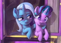 Size: 2100x1483 | Tagged: safe, artist:grissaecrim, starlight glimmer, trixie, pony, unicorn, g4, road to friendship, cute, diatrixes, duo, duo female, female, glimmerbetes, glowing, glowing horn, horn, hug, looking at each other, looking at someone, magic, magic aura, mare, scene interpretation, smiling, trixie's wagon, wagon, wrong eye color