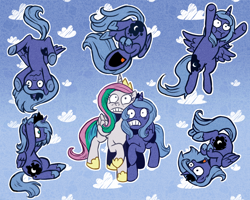 Size: 1280x1024 | Tagged: safe, artist:qswomozi, princess celestia, princess luna, alicorn, pony, g4, cloud, falling, female, flying, open mouth, outline, patterned background, royal sisters, scared, siblings, sisters, teenager, white outline, young celestia, young luna, younger
