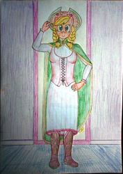 Size: 2616x3689 | Tagged: safe, artist:mildgyth, applejack, anthro, plantigrade anthro, ziragshabdarverse, alternate hairstyle, bodice, boots, clothes, dress, gala dress, hat, shoes, solo, traditional art