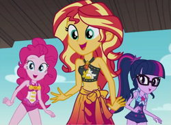 Size: 869x636 | Tagged: safe, screencap, pinkie pie, sci-twi, sunset shimmer, twilight sparkle, equestria girls, g4, my little pony equestria girls: better together, x marks the spot, best friends, bikini, bikini top, clothes, cute, female, geode of empathy, geode of sugar bombs, geode of telekinesis, glasses, jewelry, magical geodes, necklace, open mouth, open smile, pinkie pie swimsuit, sarong, sci-twi swimsuit, sleeveless, smiling, sunset shimmer swimsuit, swimsuit, trio, trio female, wrist cuff