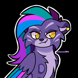 Size: 1280x1280 | Tagged: safe, artist:micahpony124, allura, aq bars, big cat, leopard, snow leopard, g5, black background, chest fluff, ear piercing, fangs, female, folded wings, looking sideways, piercing, signature, simple background, smiling, smirk, solo, wings