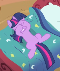 Size: 394x463 | Tagged: safe, screencap, twilight sparkle, pony, unicorn, g4, lesson zero, bed, cropped, golden oaks library, hooves on face, lying down, solo, unicorn twilight