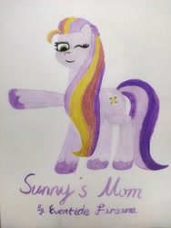 Size: 3472x4624 | Tagged: safe, artist:eventide fareana, sunny starscout's mother, earth pony, pony, g5, my little pony: tell your tale, written in the starscouts, spoiler:g5, spoiler:my little pony: tell your tale, spoiler:tyts02e11, female, looking at you, mare, one eye closed, raised hoof, signature, smiling, smiling at you, solo, tail, traditional art, unshorn fetlocks, watercolor painting, wink, winking at you