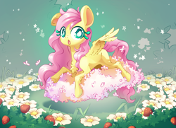 Size: 4252x3071 | Tagged: safe, artist:cutepencilcase, fluttershy, butterfly, pegasus, pony, g4, the cutie mark chronicles, :o, cute, female, filly, filly fluttershy, flower, open mouth, shyabetes, solo, spread wings, wings, younger