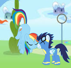 Size: 2346x2239 | Tagged: artist needed, safe, rainbow dash, soarin', pegasus, pony, duo, duo male and female, female, male, mare, nuzzling, screencap background, ship:soarindash, shipping, stallion, straight