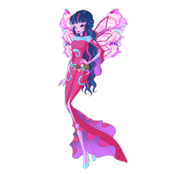 Size: 2780x2780 | Tagged: safe, artist:machakar52, sci-twi, twilight sparkle, fairy, human, equestria girls, g4, alternate hairstyle, clothes, colored wings, crossover, cutie mark on human, fairy wings, fairyized, flower, glowing, glowing wings, hand on hip, high heels, jewelry, looking at you, multicolored wings, necklace, onyrix, purple wings, shoes, simple background, smiling, smiling at you, sparkly wings, transparent background, wings, winx, winx club, winxified, world of winx
